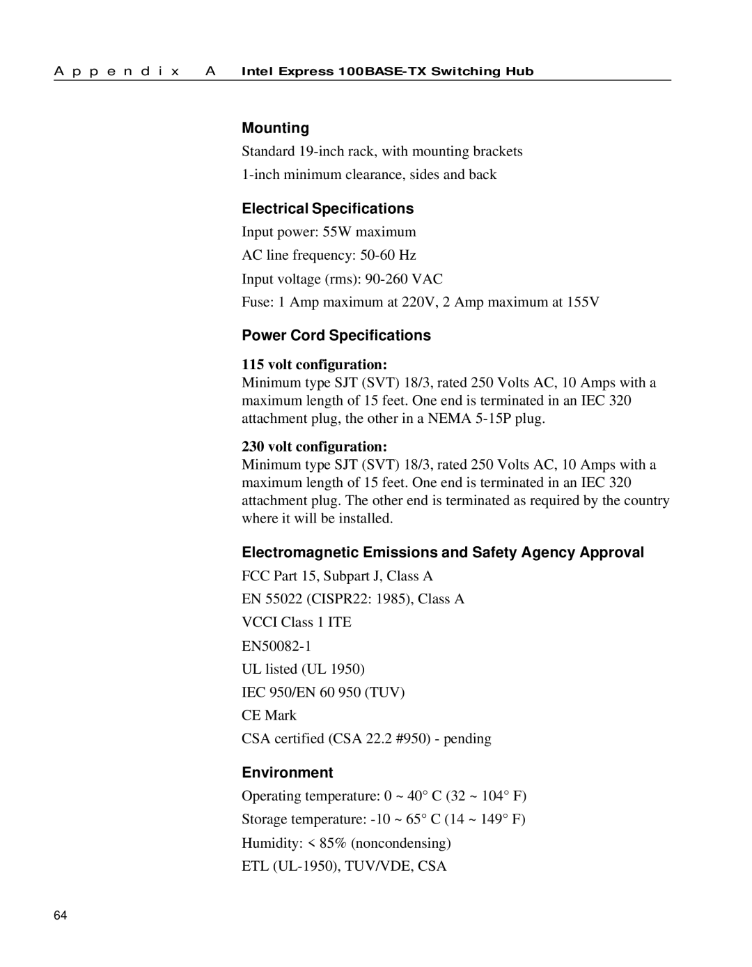 Intel 654655-001 manual Mounting, Electrical Specifications, Power Cord Specifications, Environment 