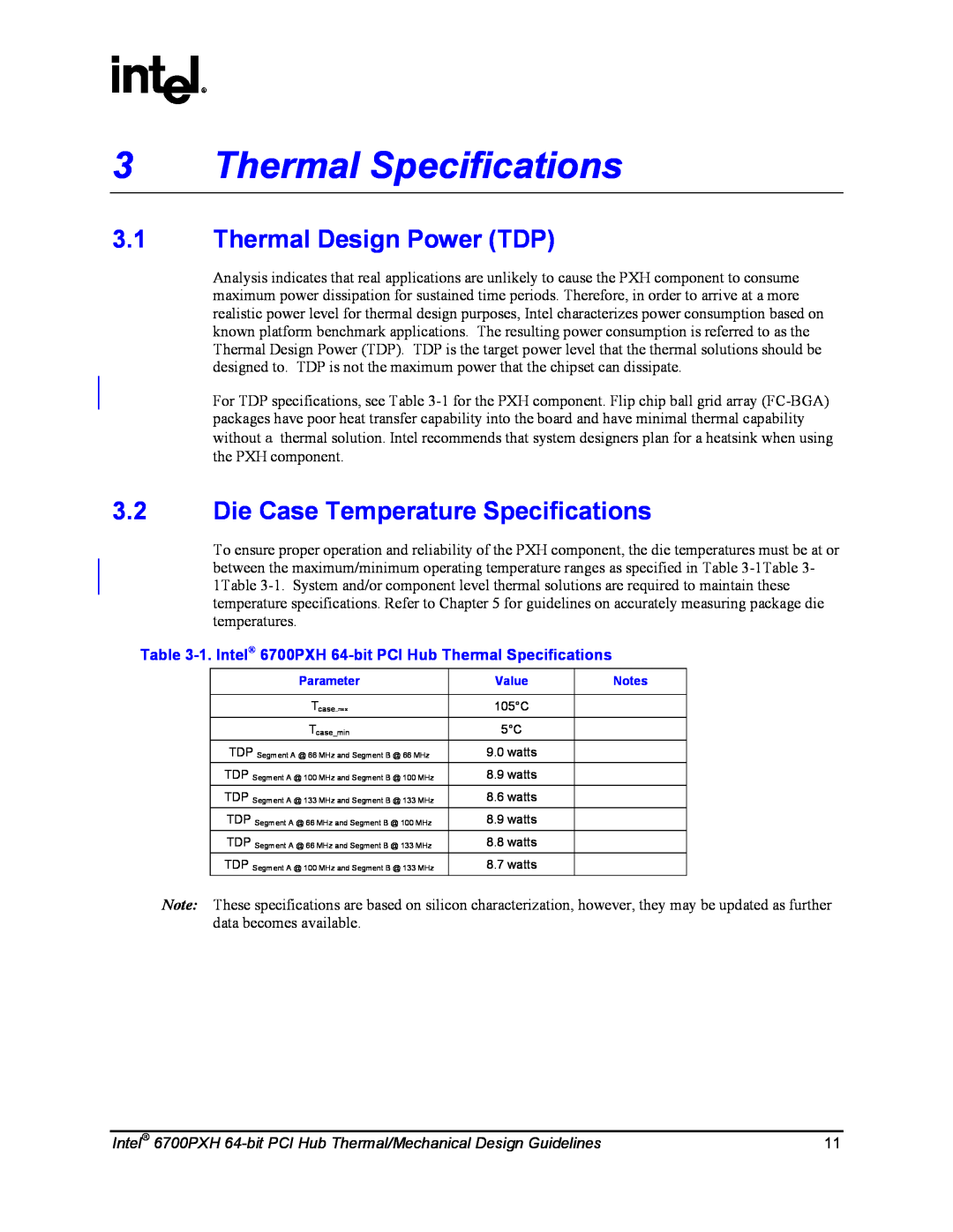 Intel 6700PXH manual Thermal Specifications, Thermal Design Power TDP, Die Case Temperature Specifications 