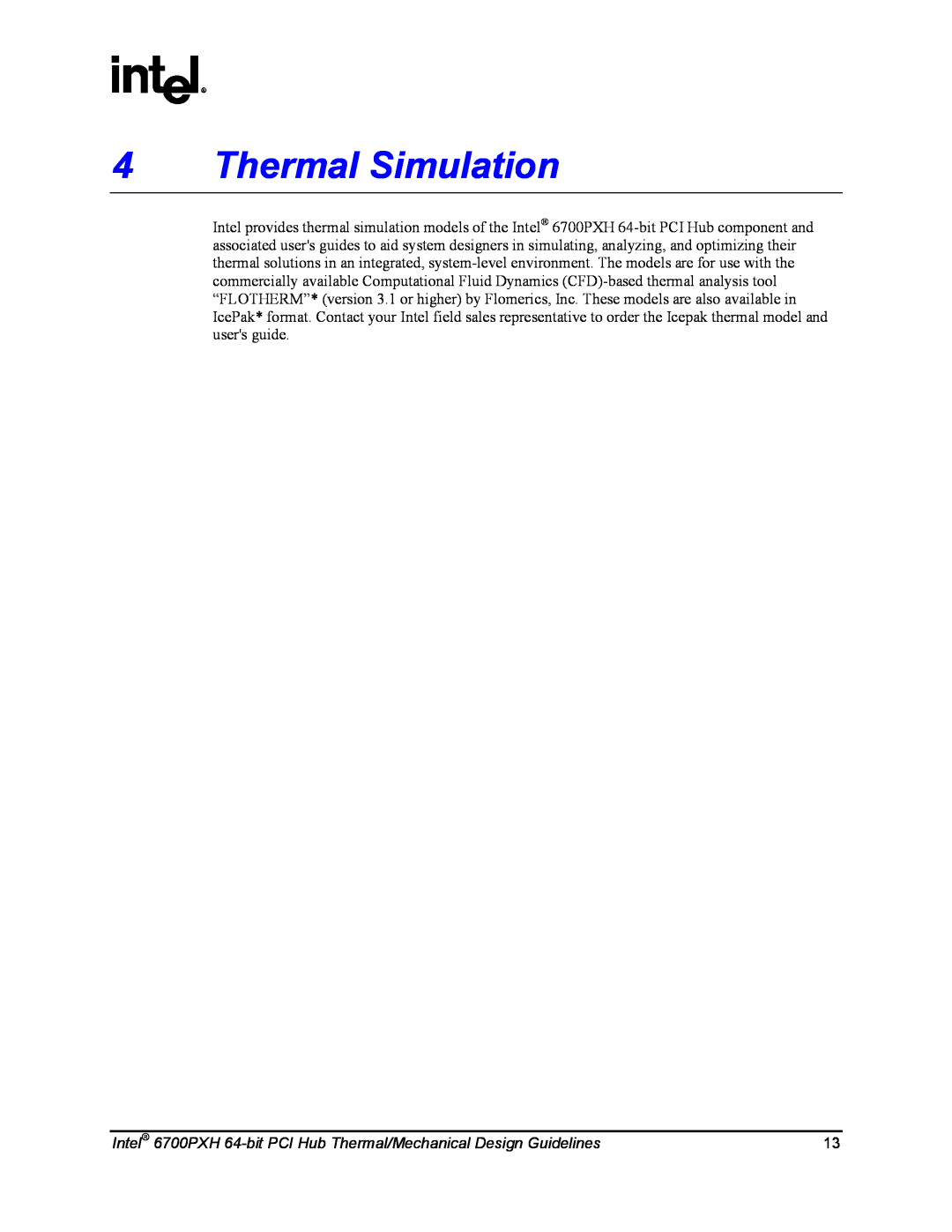 Intel manual Thermal Simulation, Intel 6700PXH 64-bit PCI Hub Thermal/Mechanical Design Guidelines 