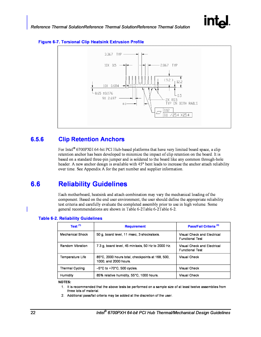 Intel 6700PXH manual Reliability Guidelines, Clip Retention Anchors, 7. Torsional Clip Heatsink Extrusion Profile 