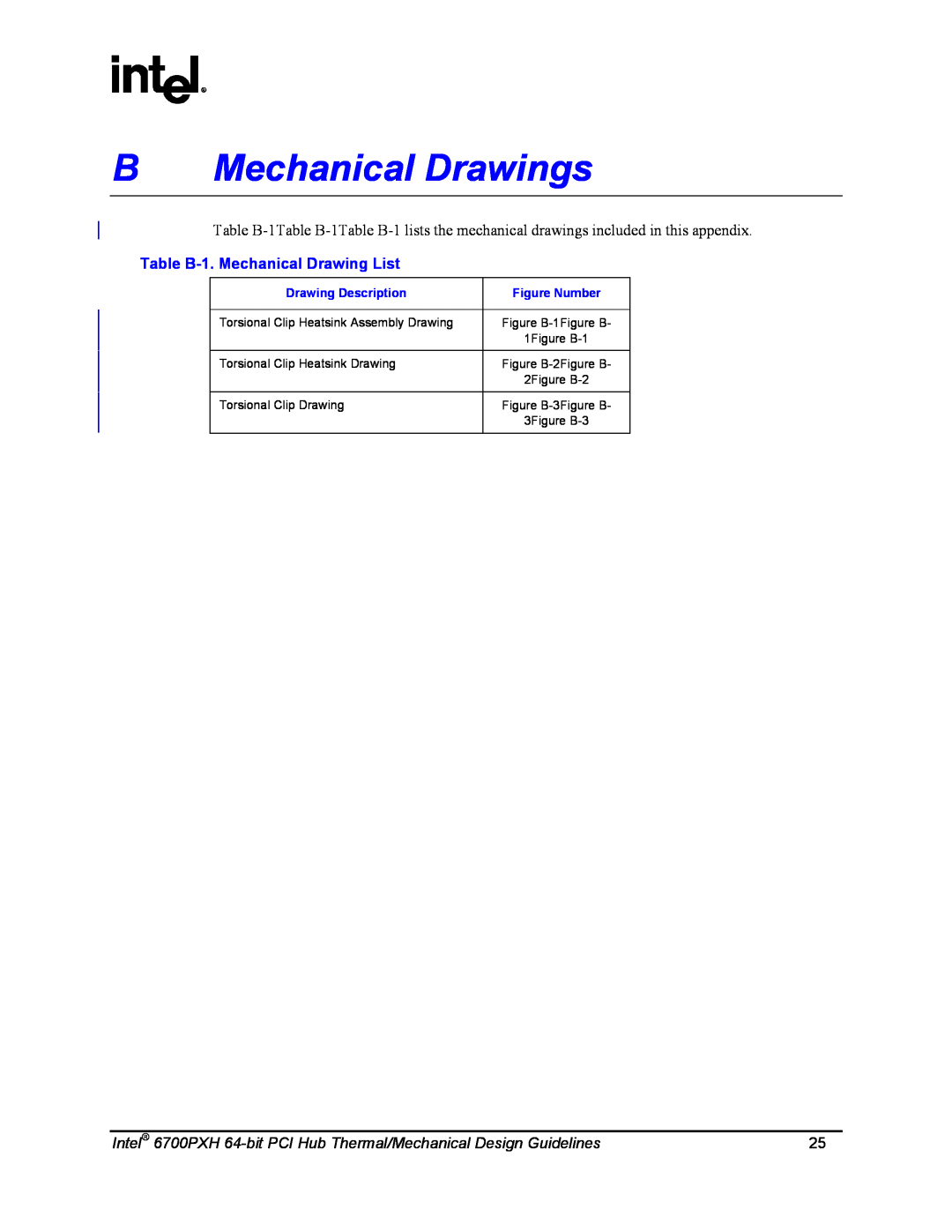 Intel 6700PXH B Mechanical Drawings, Table B-1. Mechanical Drawing List, Drawing Description, Figure Number, 1Figure B-1 