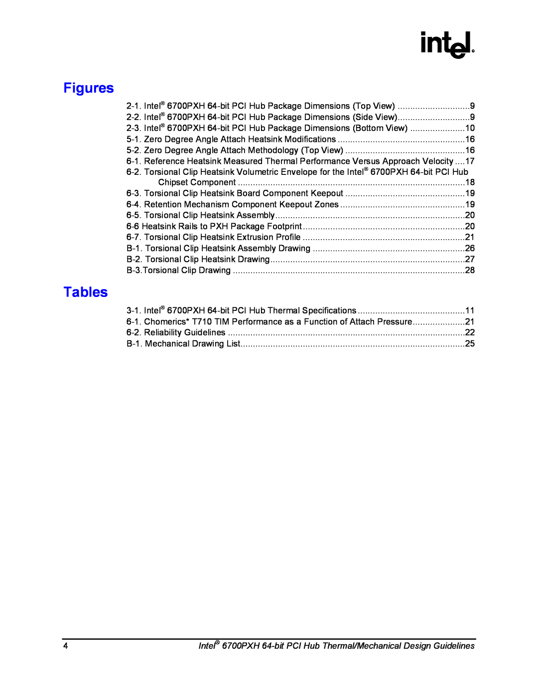 Intel manual Figures, Tables, Intel 6700PXH 64-bit PCI Hub Thermal/Mechanical Design Guidelines 