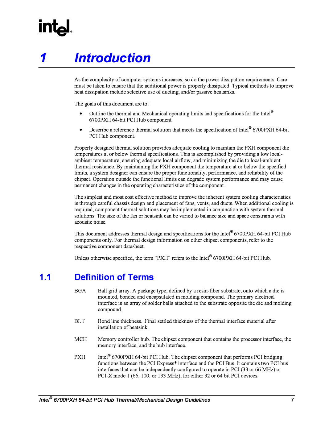 Intel manual Introduction, Definition of Terms, Intel 6700PXH 64-bit PCI Hub Thermal/Mechanical Design Guidelines 