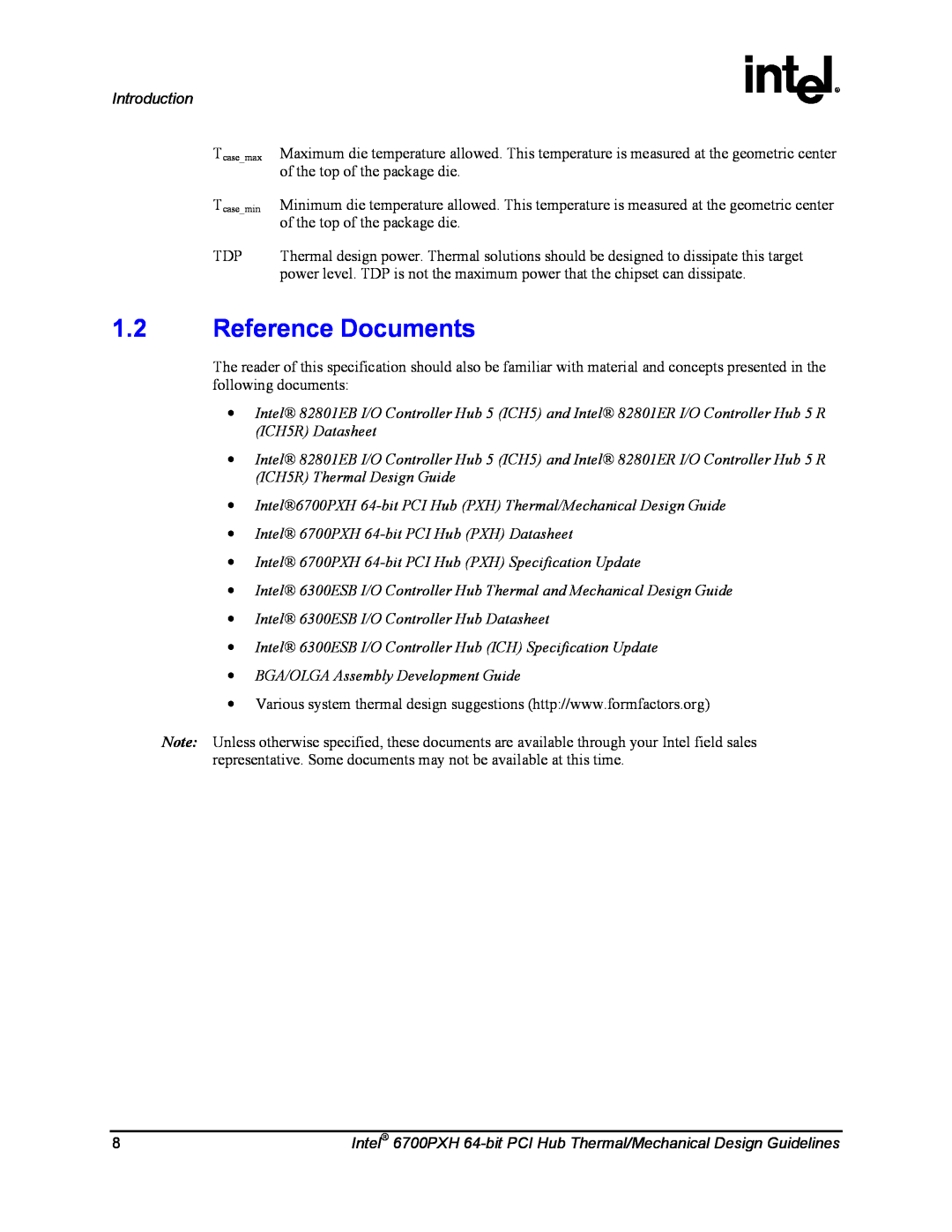 Intel manual Reference Documents, Introduction, Intel 6700PXH 64-bit PCI Hub Thermal/Mechanical Design Guidelines 