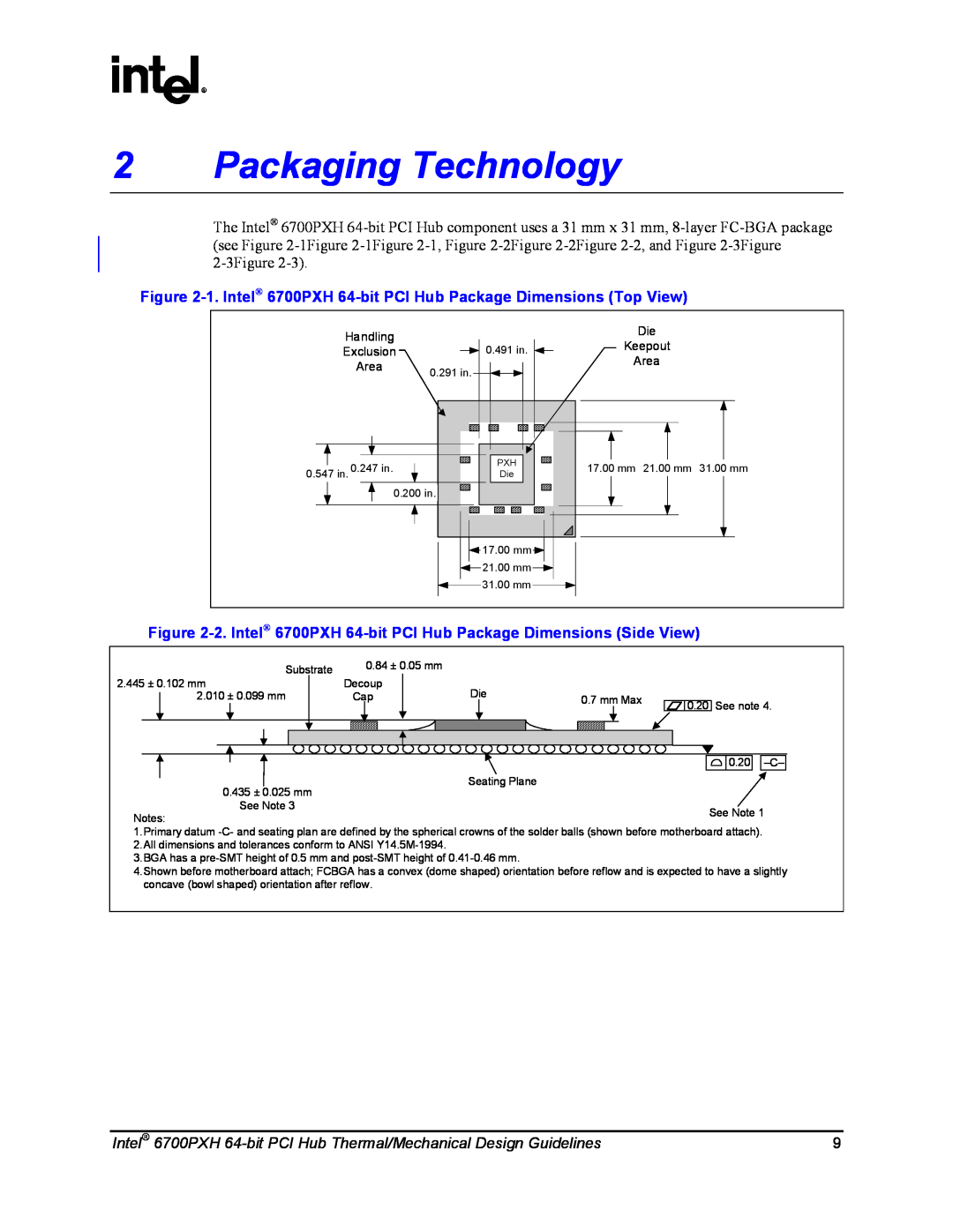 Intel Packaging Technology, 1. Intel 6700PXH 64-bit PCI Hub Package Dimensions Top View, Handling, Keepout, Exclusion 