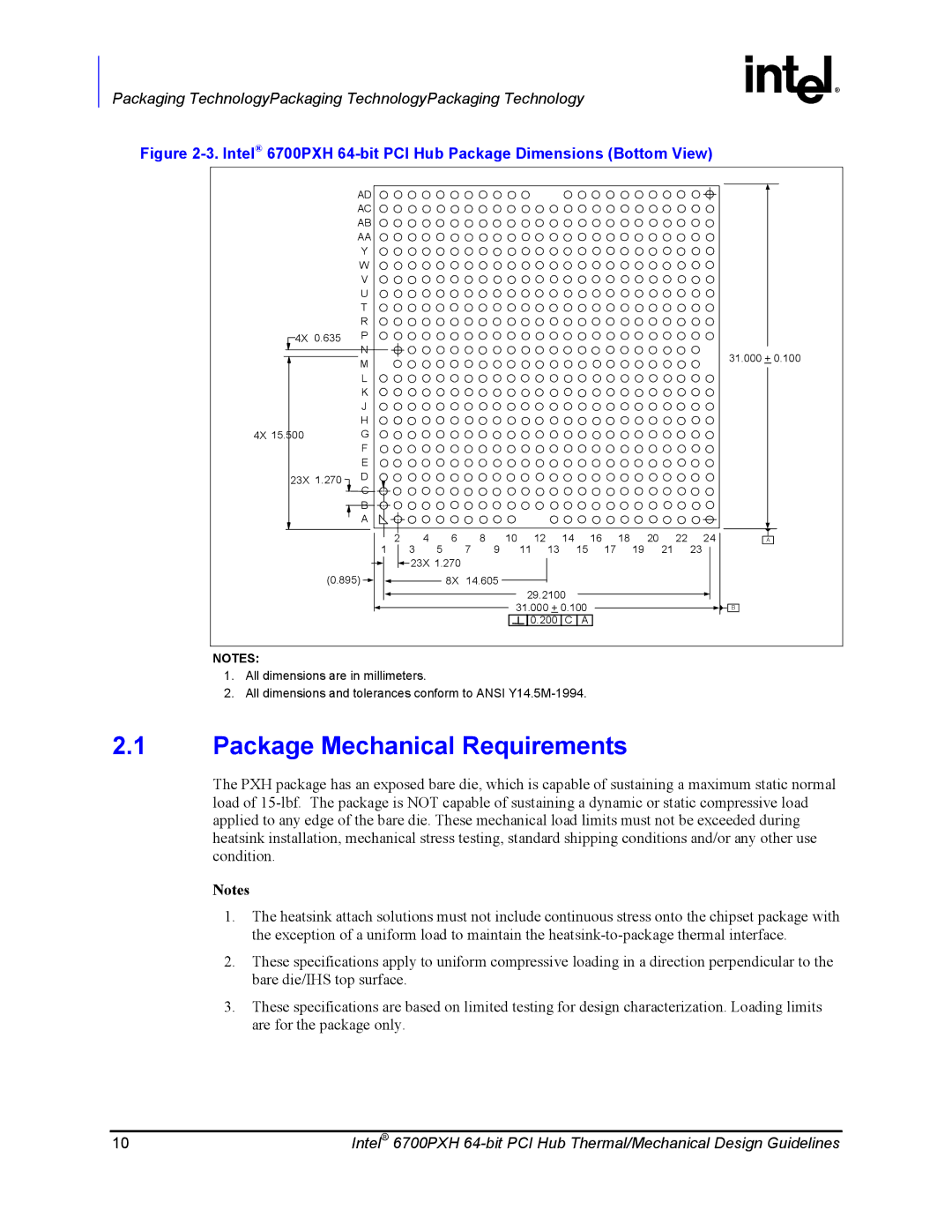 Intel manual Package Mechanical Requirements, Intel 6700PXH 64-bit PCI Hub Package Dimensions Bottom View 