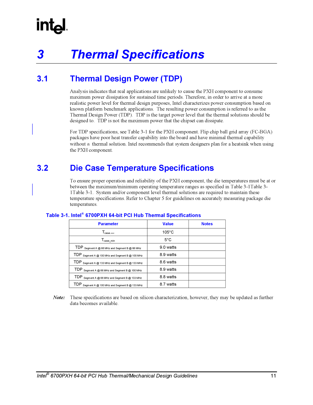 Intel 6700PXH manual Thermal Specifications, Thermal Design Power TDP, Die Case Temperature Specifications, Parameter Value 