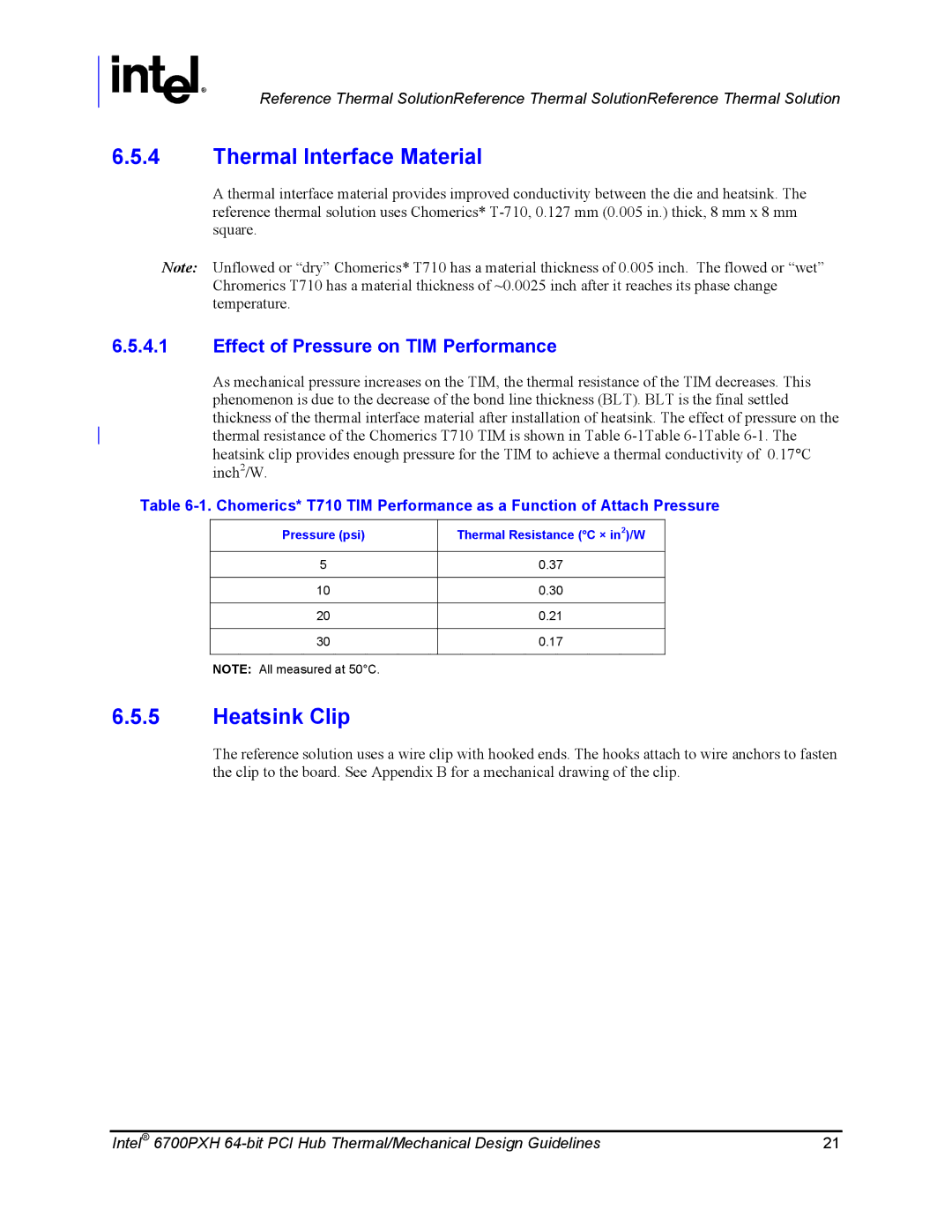 Intel 6700PXH manual Thermal Interface Material, Pressure psi Thermal Resistance C × in 2/W 