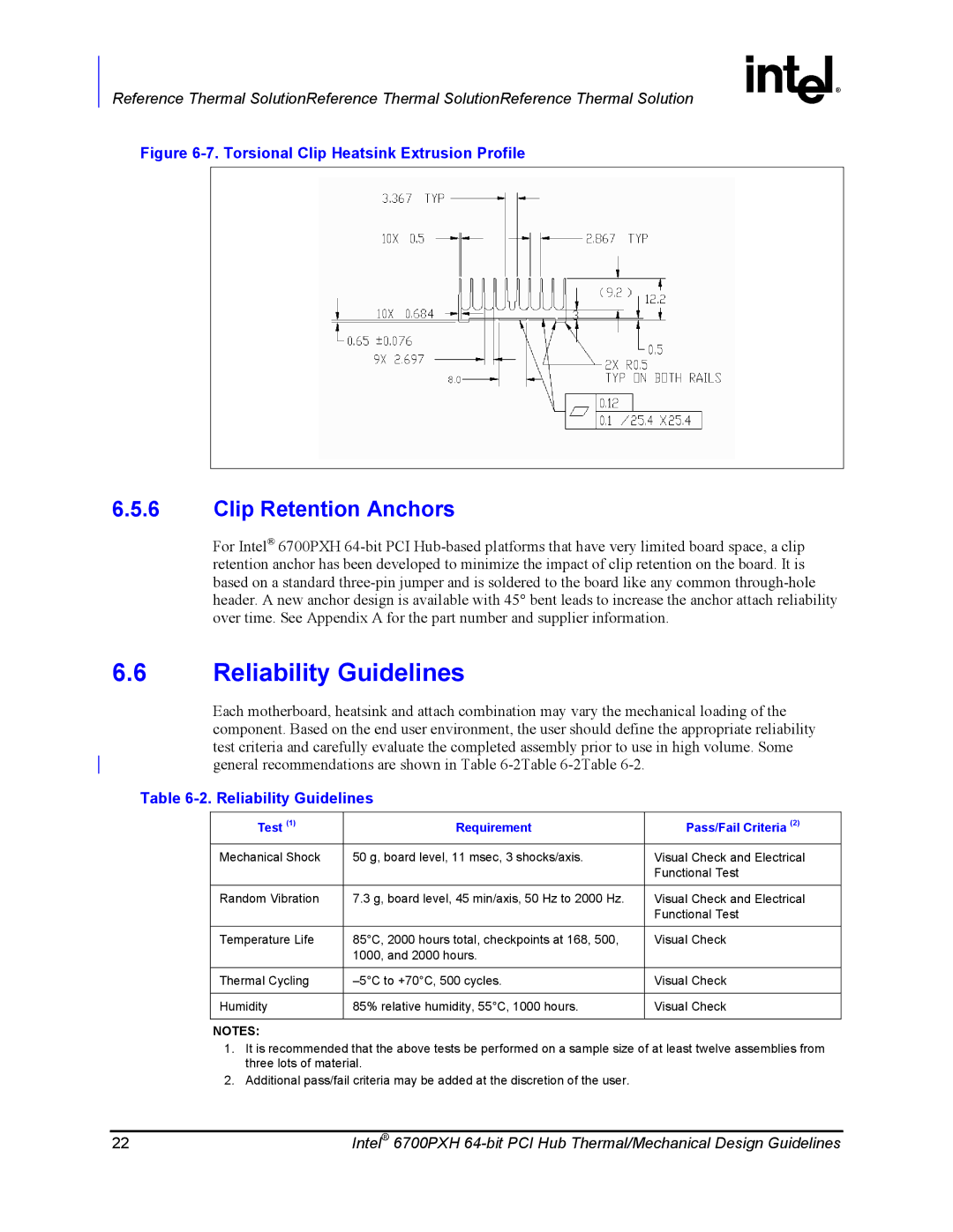 Intel 6700PXH manual Reliability Guidelines, Test Requirement Pass/Fail Criteria 