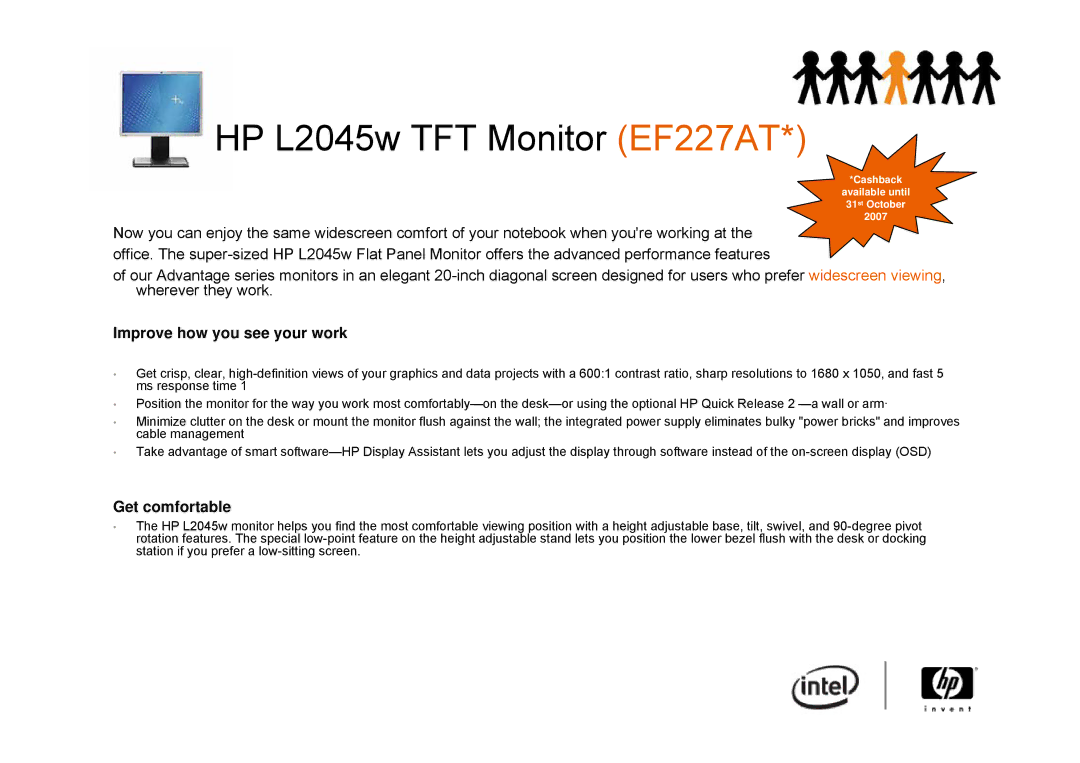 Intel 6910P, 2510P manual HP L2045w TFT Monitor EF227AT, Improve how you see your work, Get comfortable 