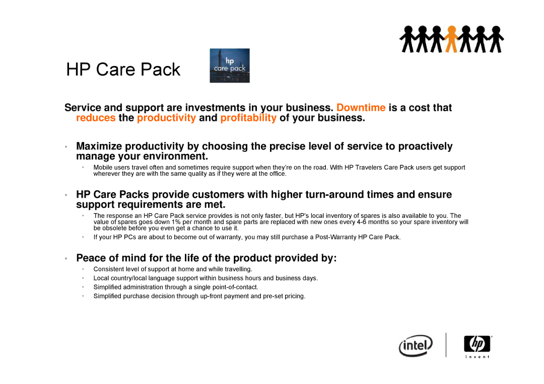 Intel 2510P, 6910P manual HP Care Pack, Peace of mind for the life of the product provided by 