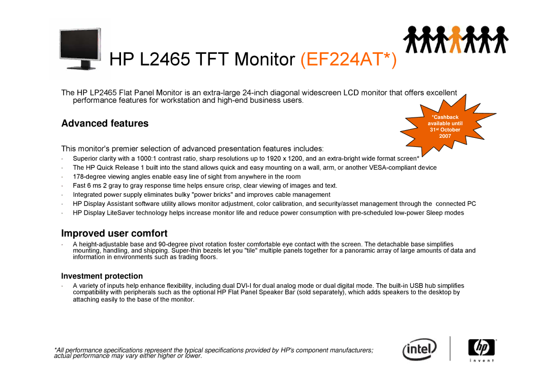 Intel 2510P, 6910P manual HP L2465 TFT Monitor EF224AT, Investment protection 