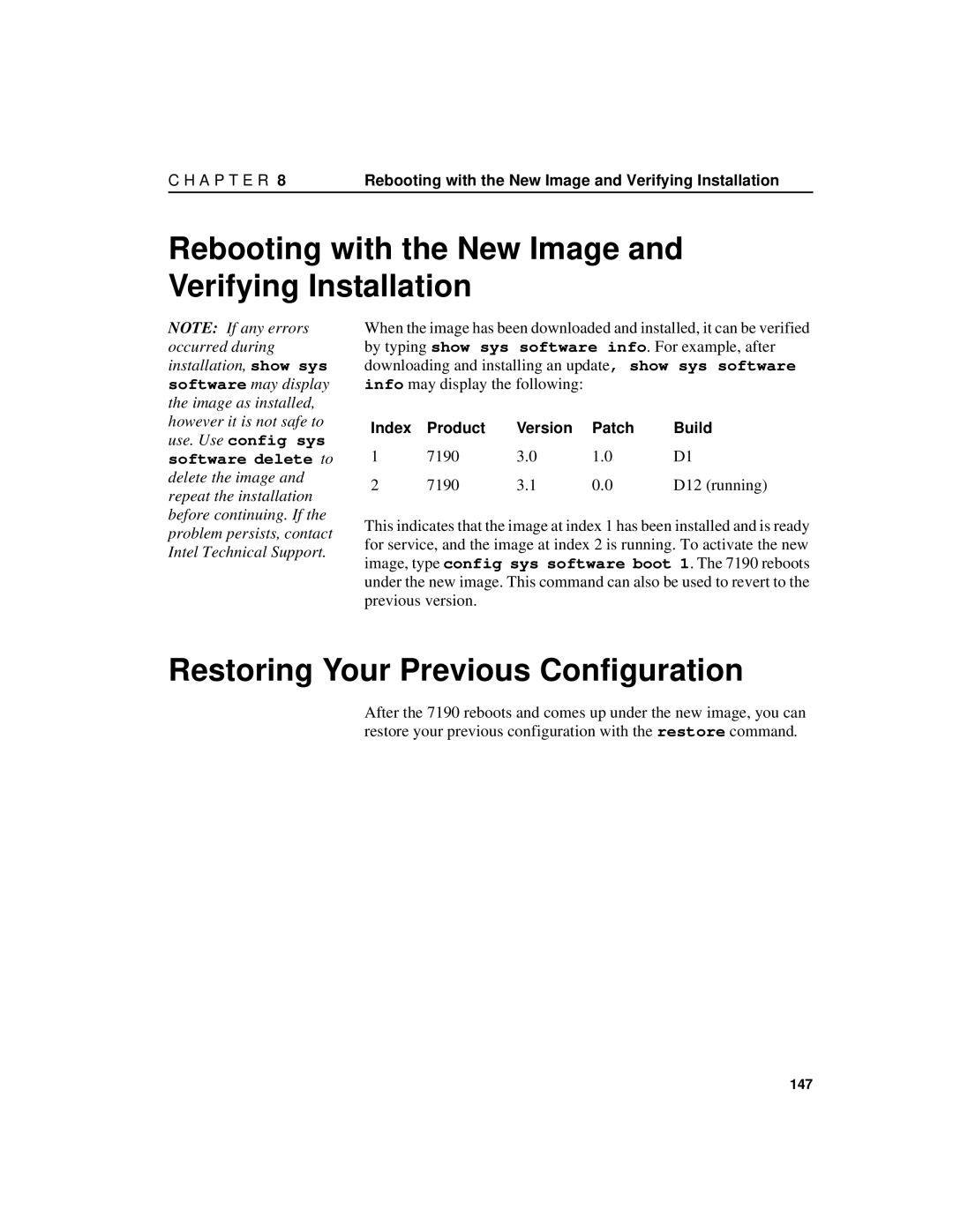 Intel 7190 manual Rebooting with the New Image and Verifying Installation, Restoring Your Previous Configuration 