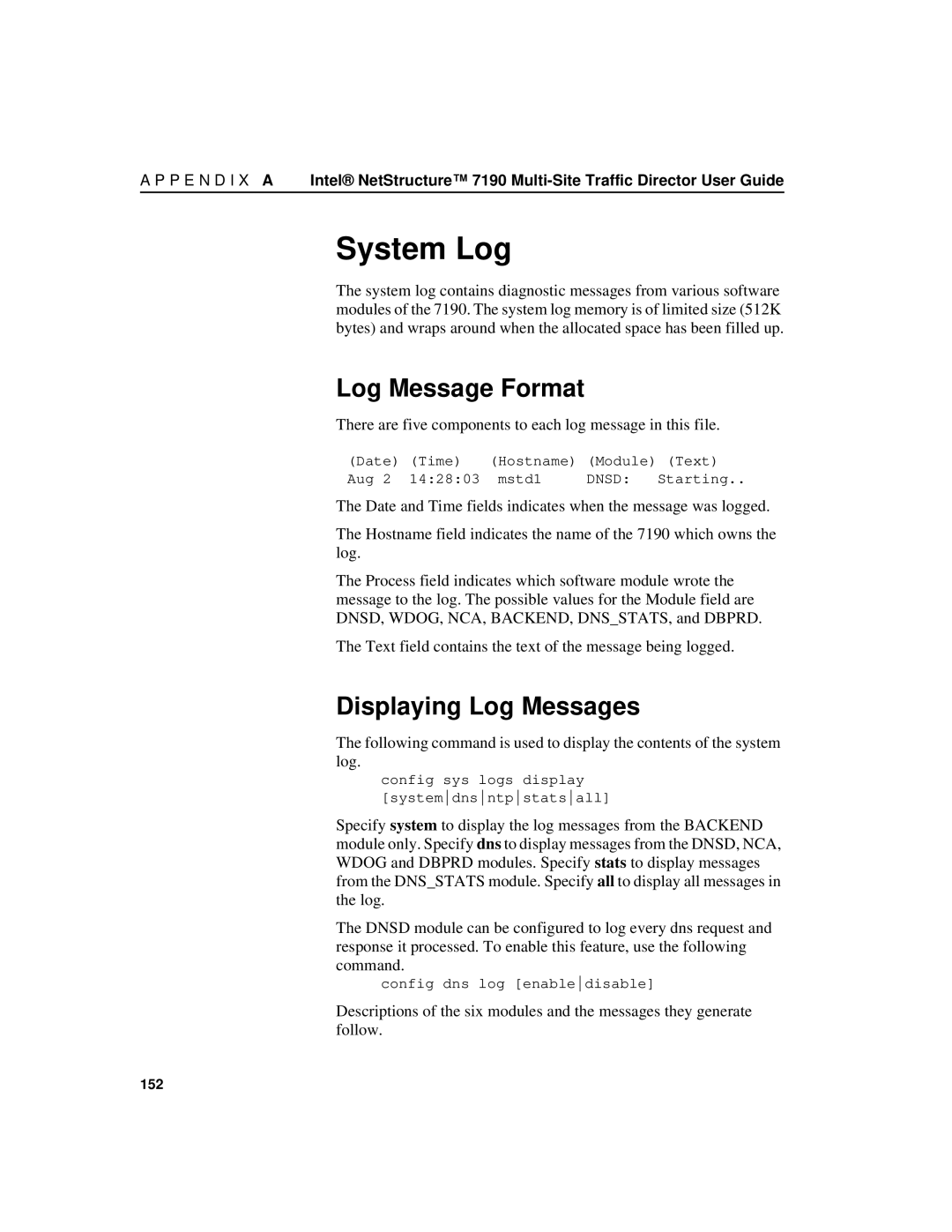 Intel 7190 manual System Log, Log Message Format, Displaying Log Messages 