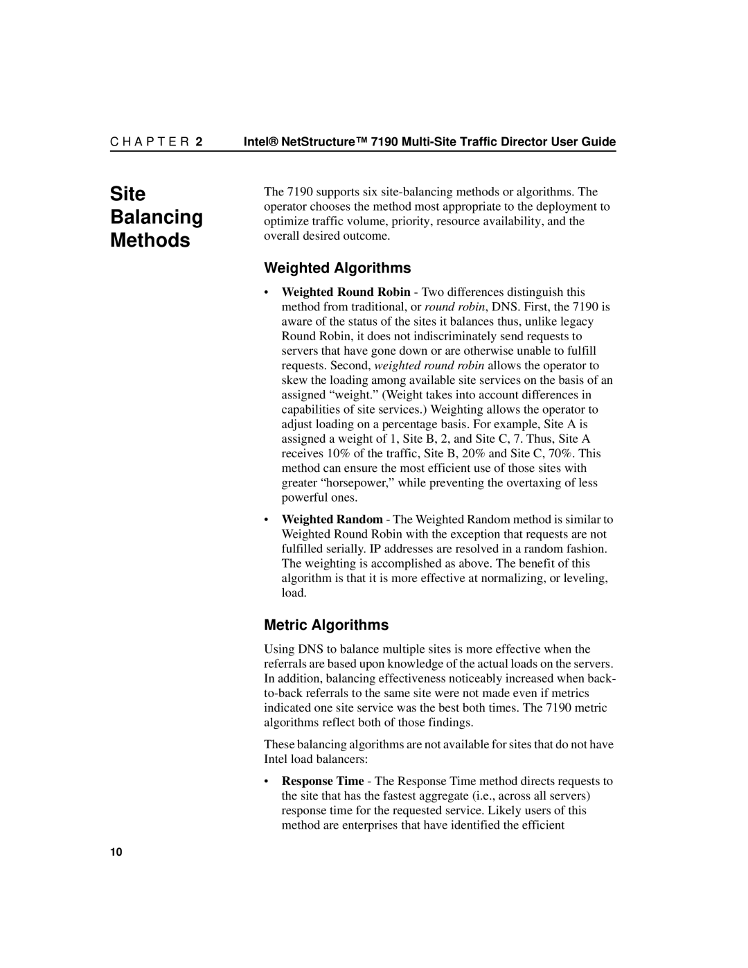 Intel 7190 manual Site Balancing Methods, Weighted Algorithms, Metric Algorithms 