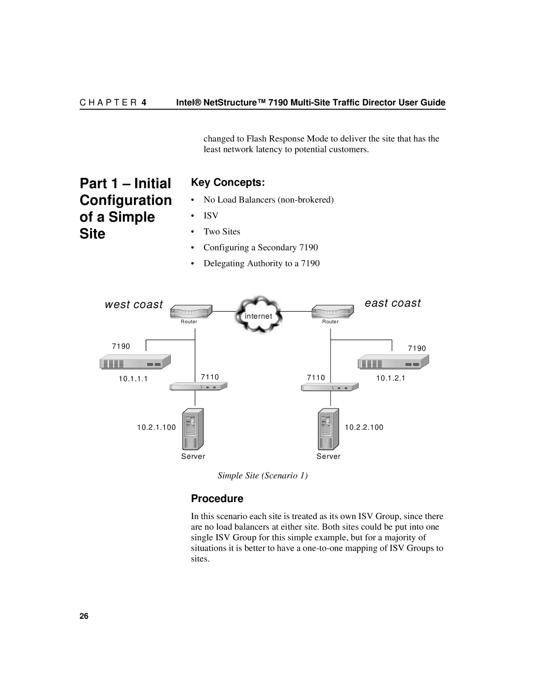 Intel 7190 manual Part 1 Initial Configuration A Simple Site, Key Concepts, Procedure, Simple Site Scenario 