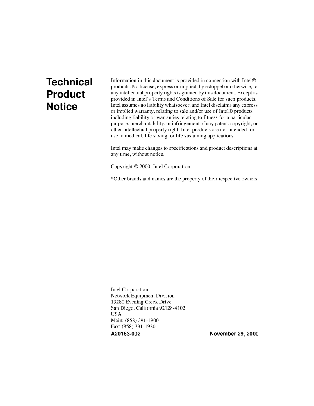 Intel 7190 manual Technical Product 