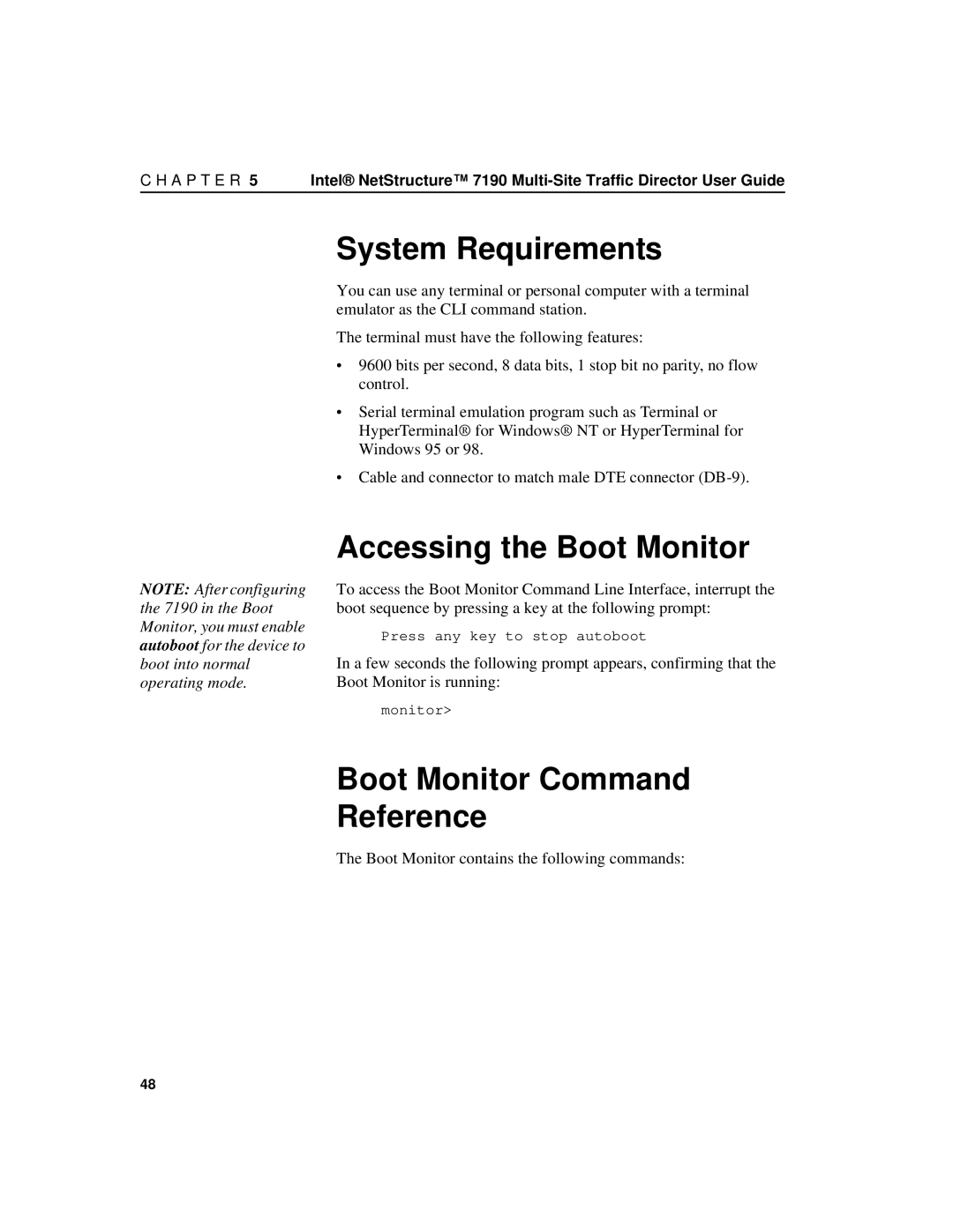 Intel 7190 manual System Requirements, Accessing the Boot Monitor, Boot Monitor Command Reference 