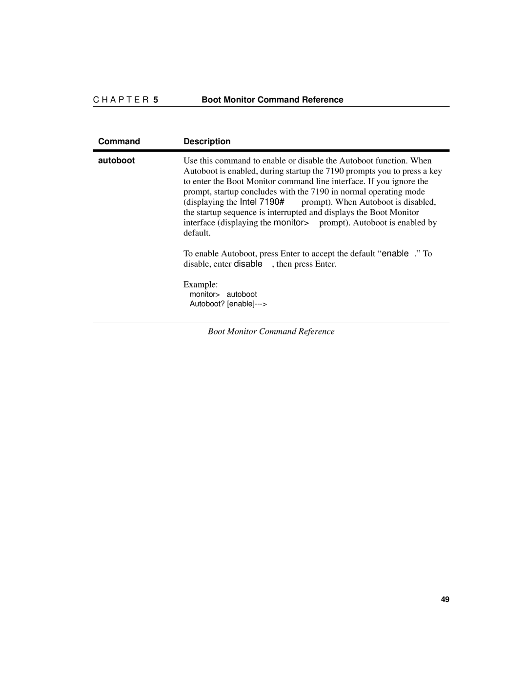 Intel 7190 manual Boot Monitor Command Reference 