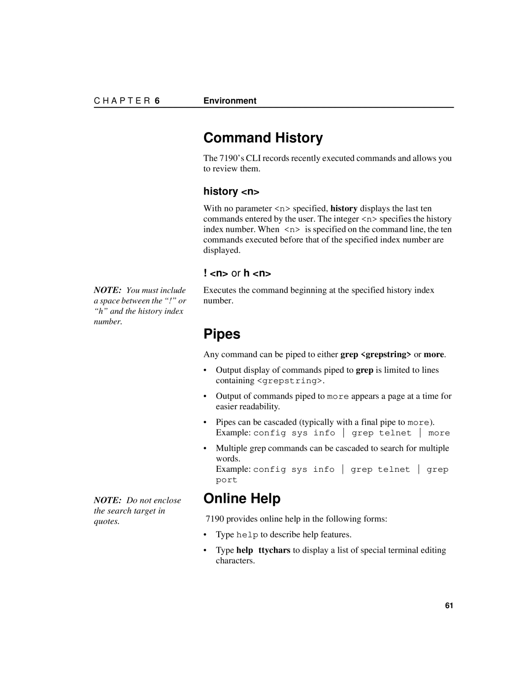 Intel 7190 manual Command History, Pipes, Online Help, History n, Or h n 