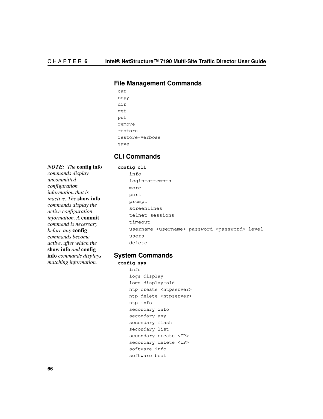 Intel 7190 manual File Management Commands, CLI Commands, System Commands 