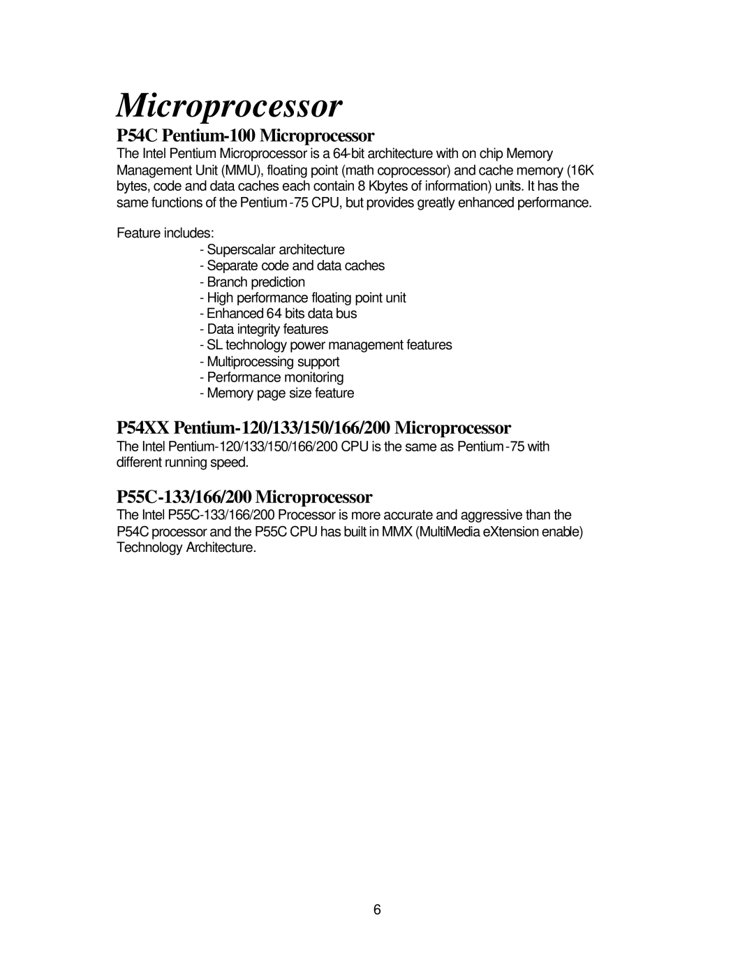 Intel 7200 specifications P54C Pentium-100 Microprocessor, P54XX Pentium-120/133/150/166/200 Microprocessor 