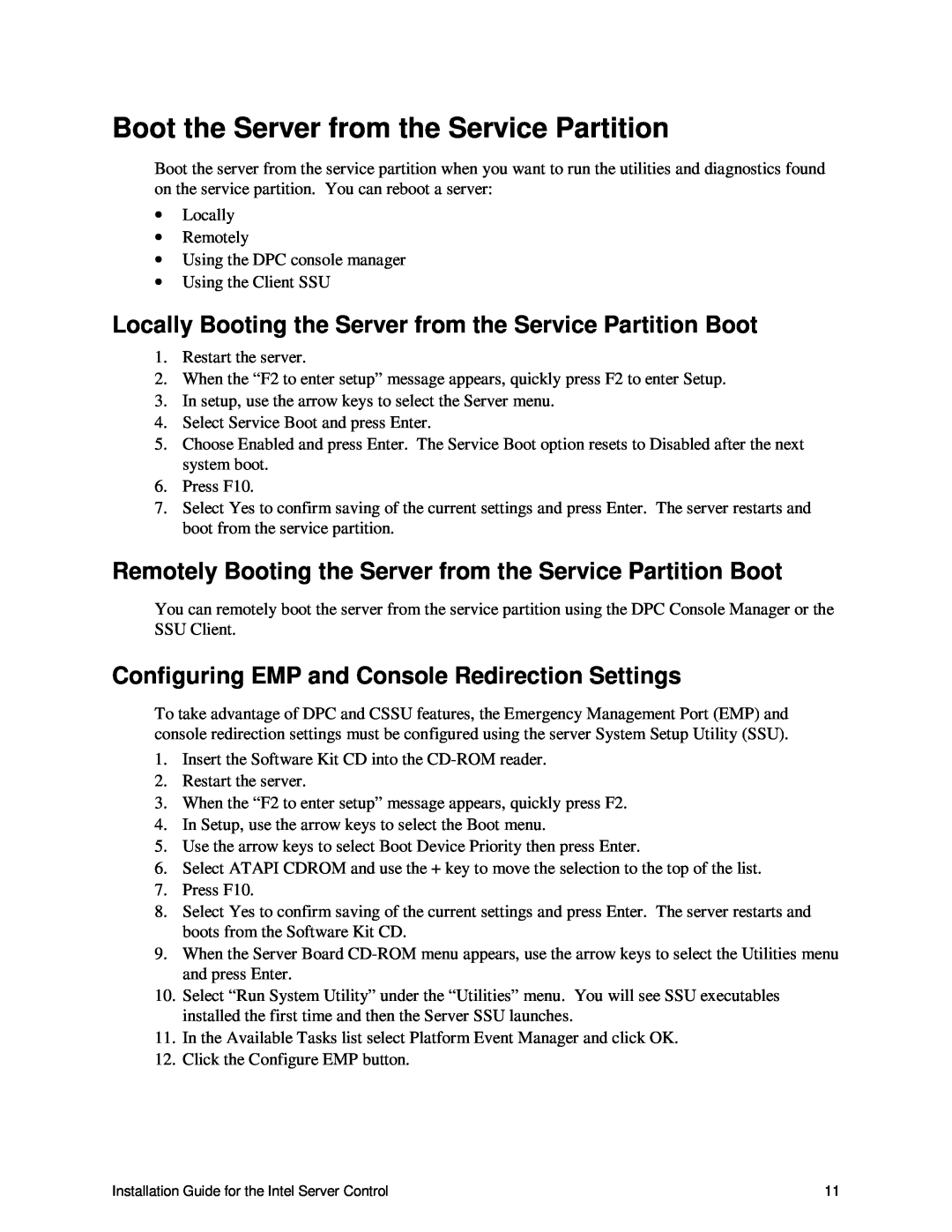 Intel 747116-011 manual Boot the Server from the Service Partition 