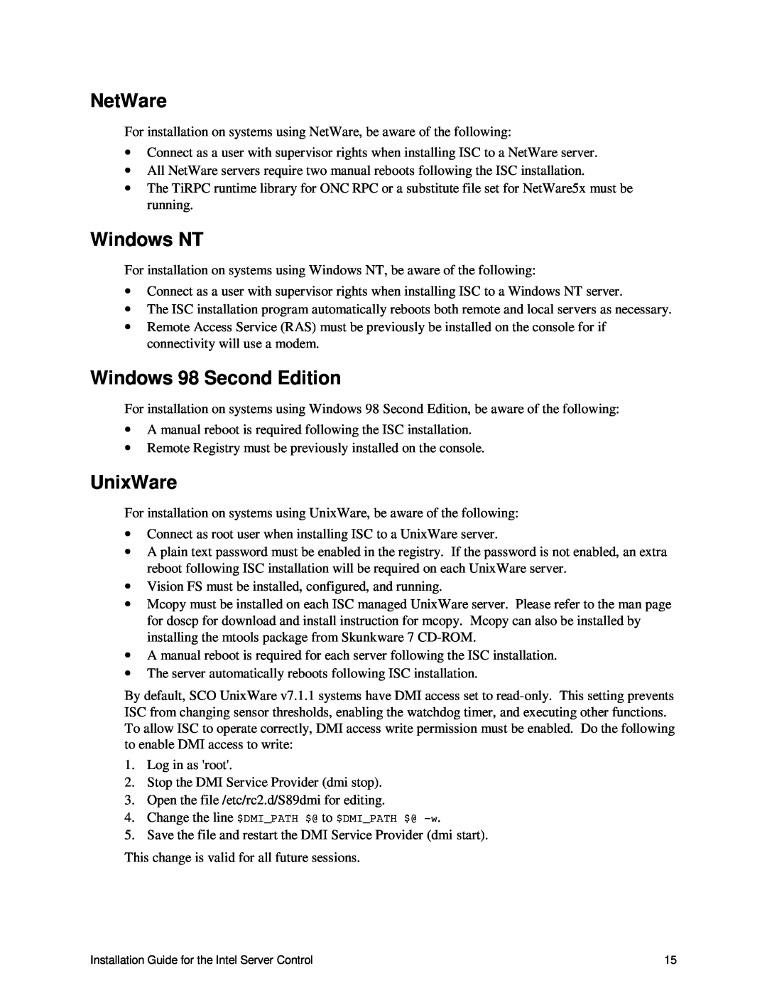 Intel 747116-011 manual NetWare, Windows NT, Windows 98 Second Edition, UnixWare 