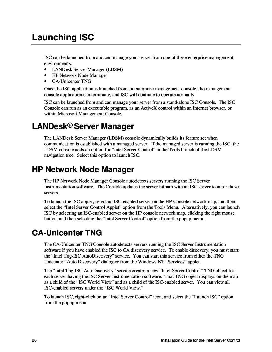 Intel 747116-011 manual Launching ISC, LANDesk Server Manager, HP Network Node Manager, CA-UnicenterTNG 