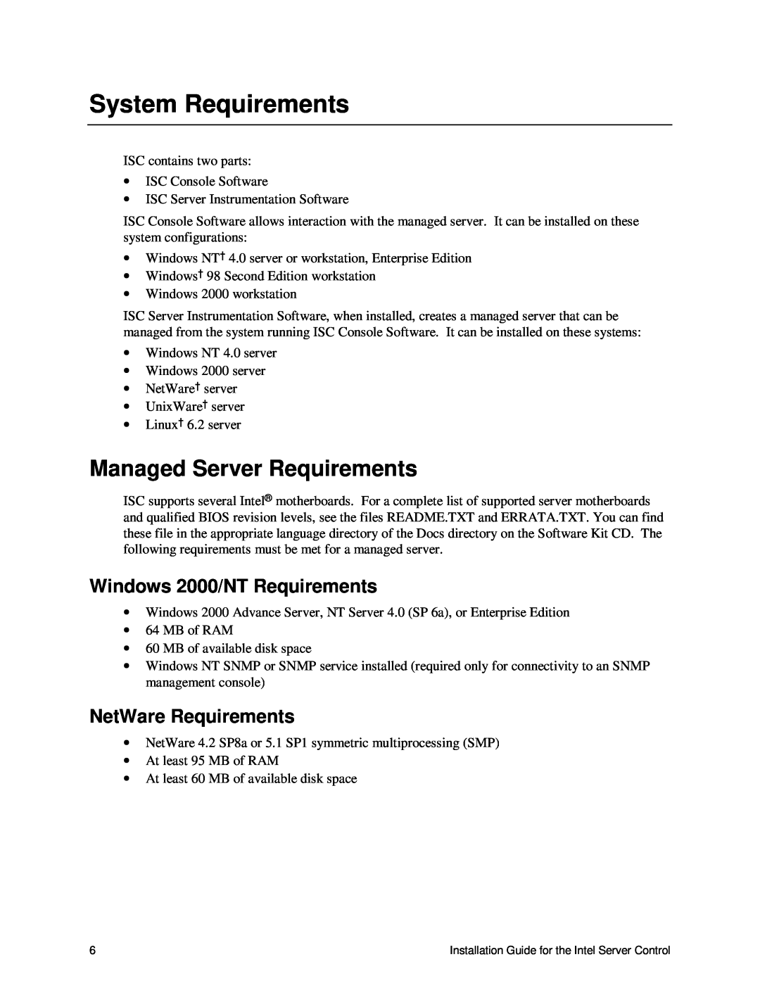 Intel 747116-011 manual System Requirements, Managed Server Requirements 