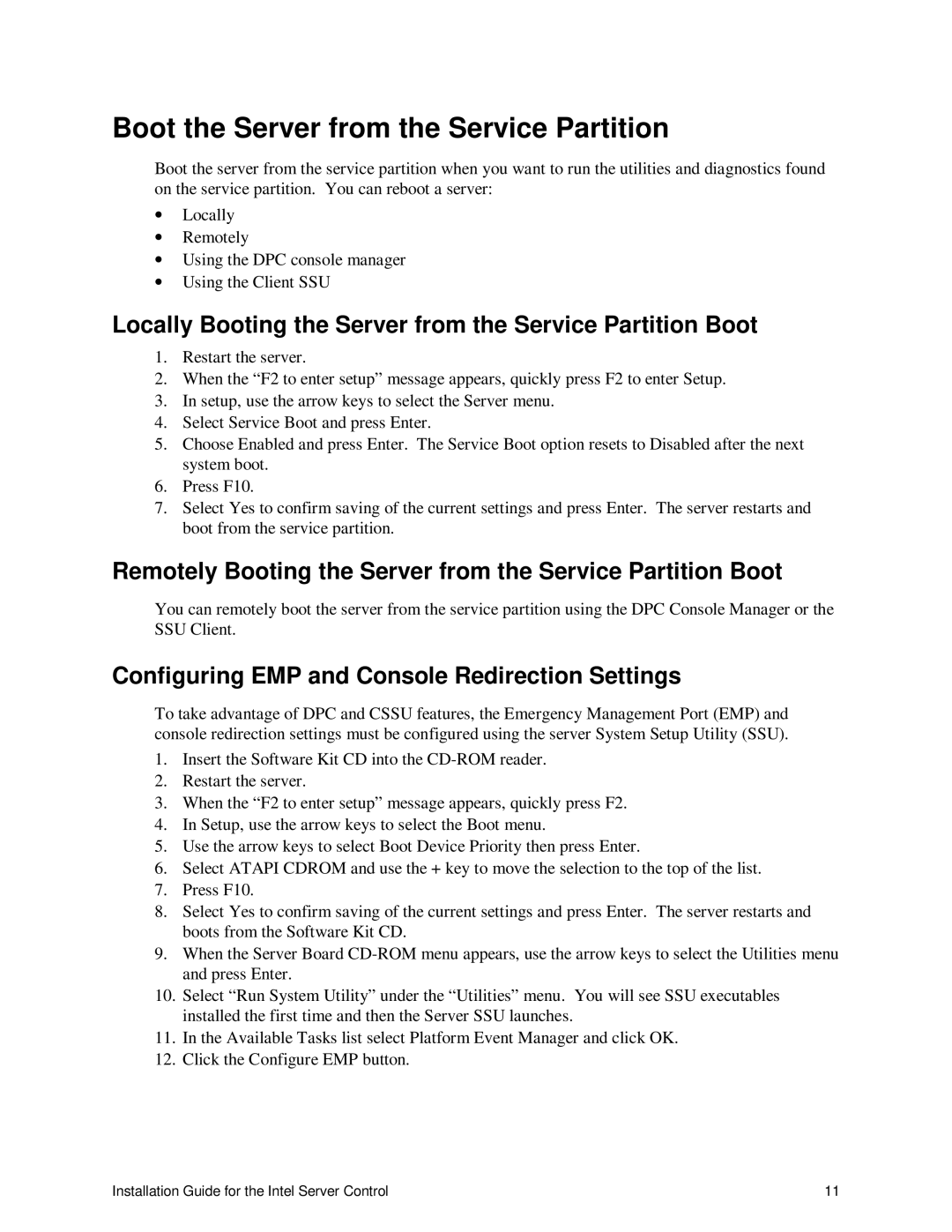 Intel 747116-011 Boot the Server from the Service Partition, Locally Booting the Server from the Service Partition Boot 