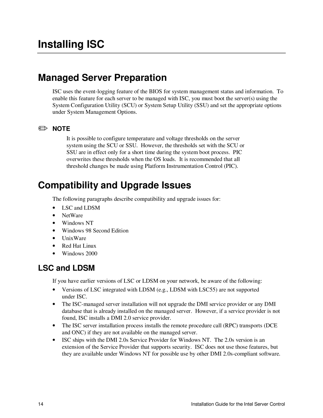 Intel 747116-011 manual Installing ISC, Managed Server Preparation, Compatibility and Upgrade Issues, LSC and Ldsm 