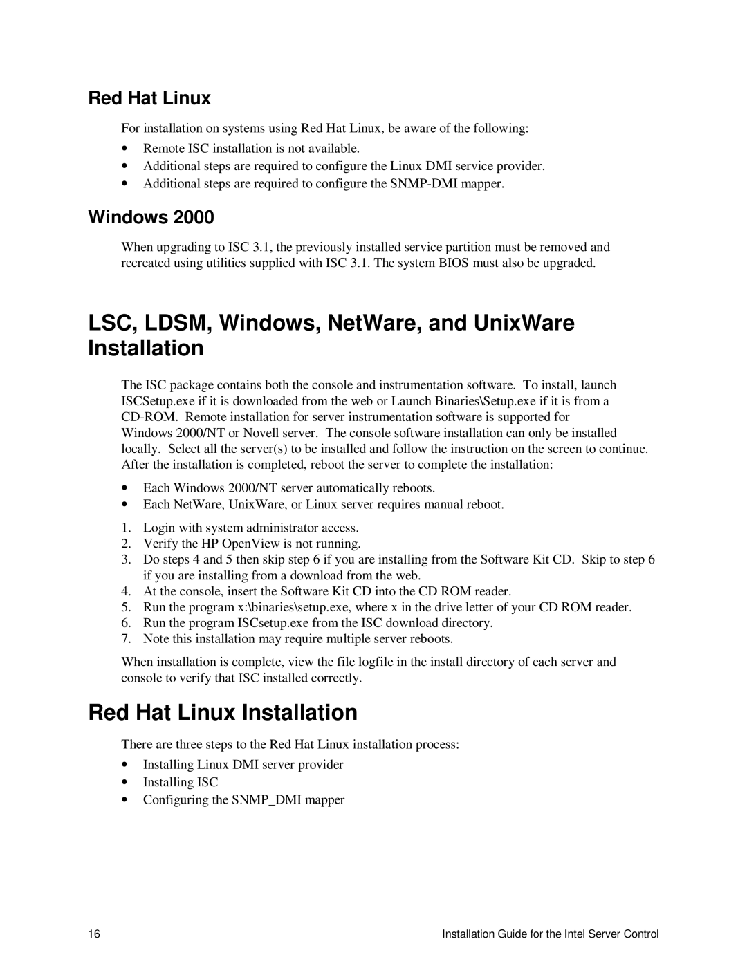 Intel 747116-011 manual LSC, LDSM, Windows, NetWare, and UnixWare Installation, Red Hat Linux Installation 