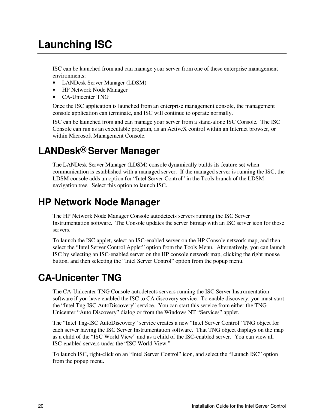 Intel 747116-011 manual Launching ISC, LANDesk Server Manager, HP Network Node Manager, CA-Unicenter TNG 