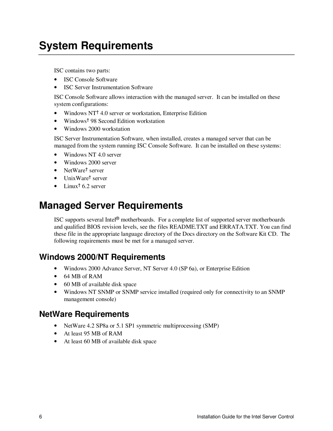 Intel 747116-011 System Requirements, Managed Server Requirements, Windows 2000/NT Requirements, NetWare Requirements 