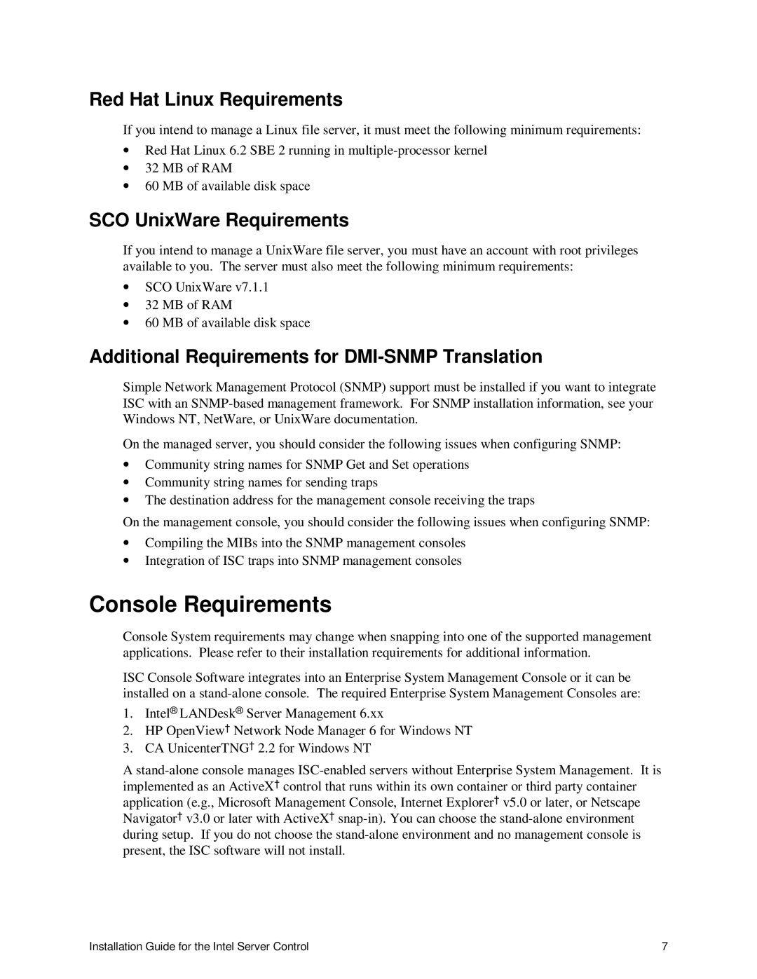 Intel 747116-011 manual Console Requirements, Red Hat Linux Requirements, SCO UnixWare Requirements 