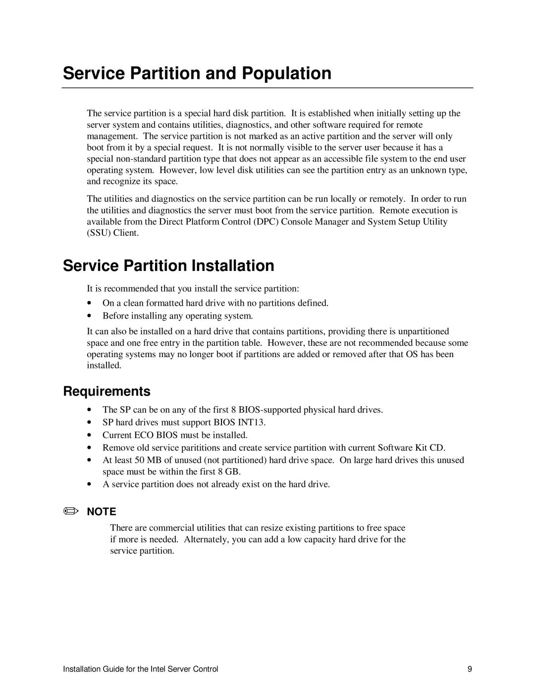 Intel 747116-011 manual Service Partition and Population, Service Partition Installation, Requirements 