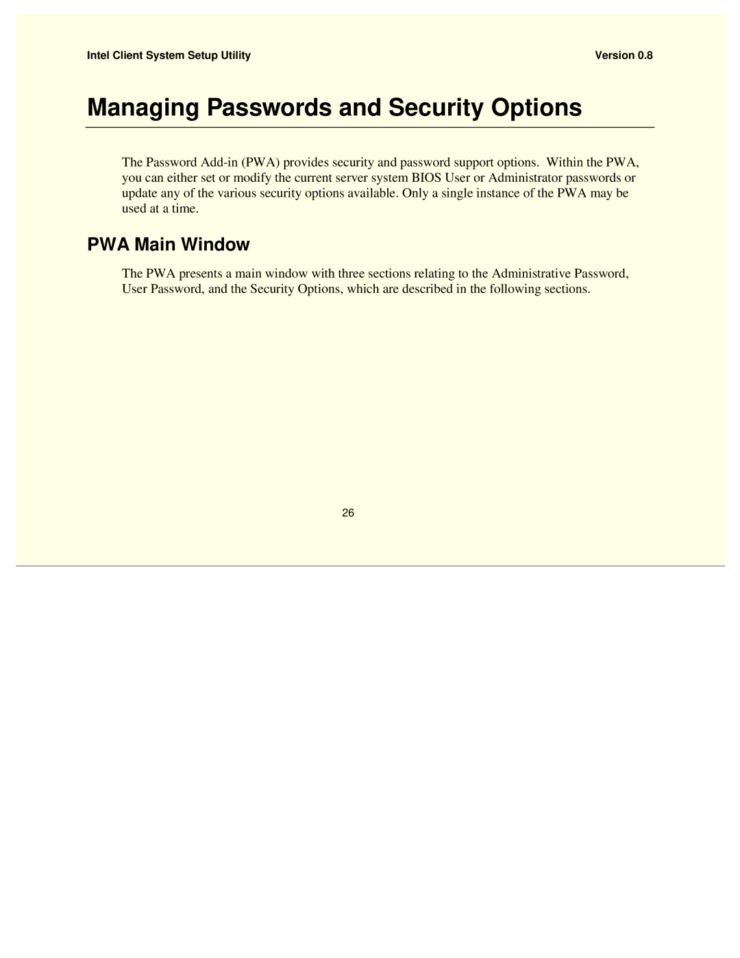 Intel 754458-002 manual Managing Passwords and Security Options, PWA Main Window 