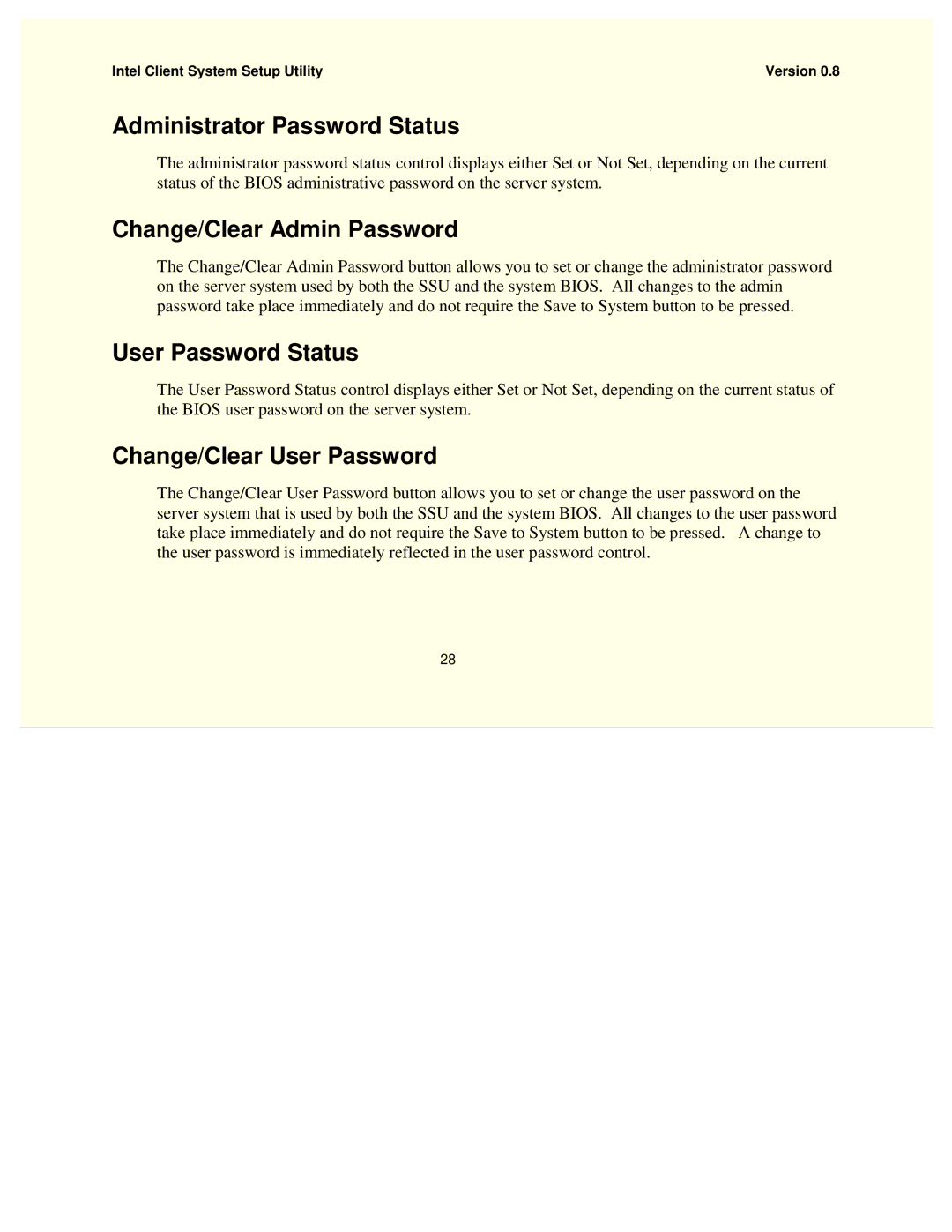 Intel 754458-002 manual Administrator Password Status, Change/Clear Admin Password, User Password Status 