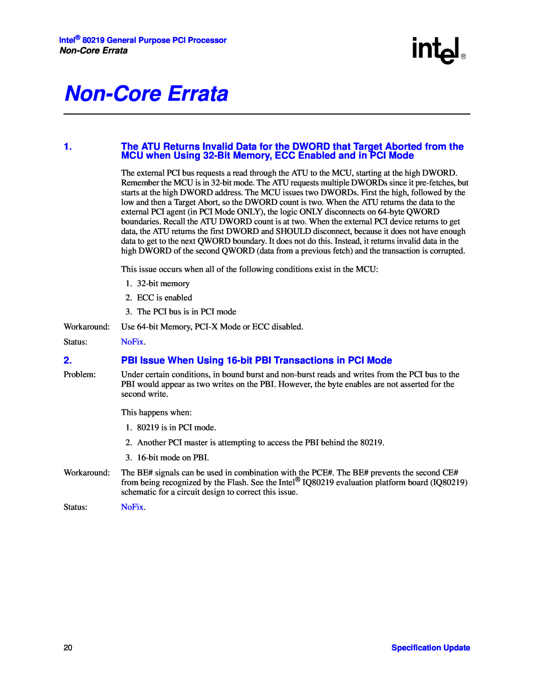 Intel 80219 specifications Non-CoreErrata 