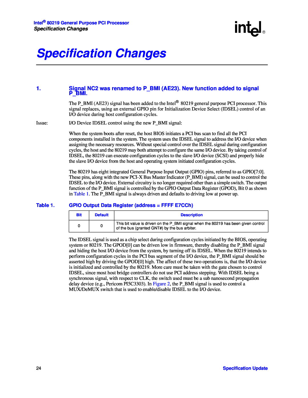 Intel 80219 specifications Specification Changes 