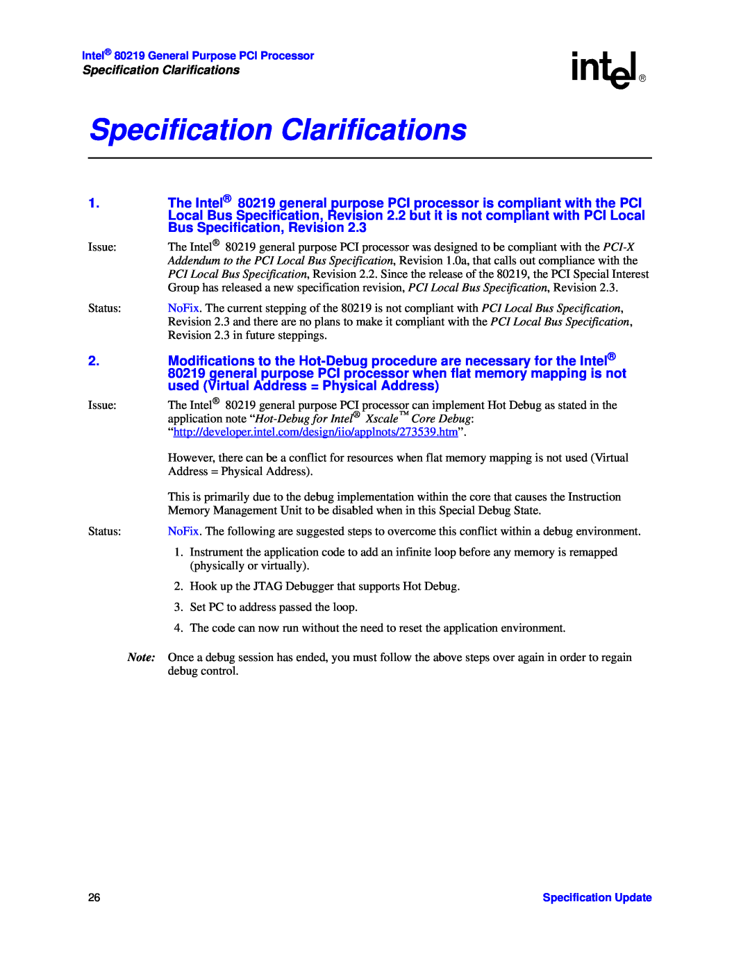 Intel 80219 specifications Specification Clarifications 