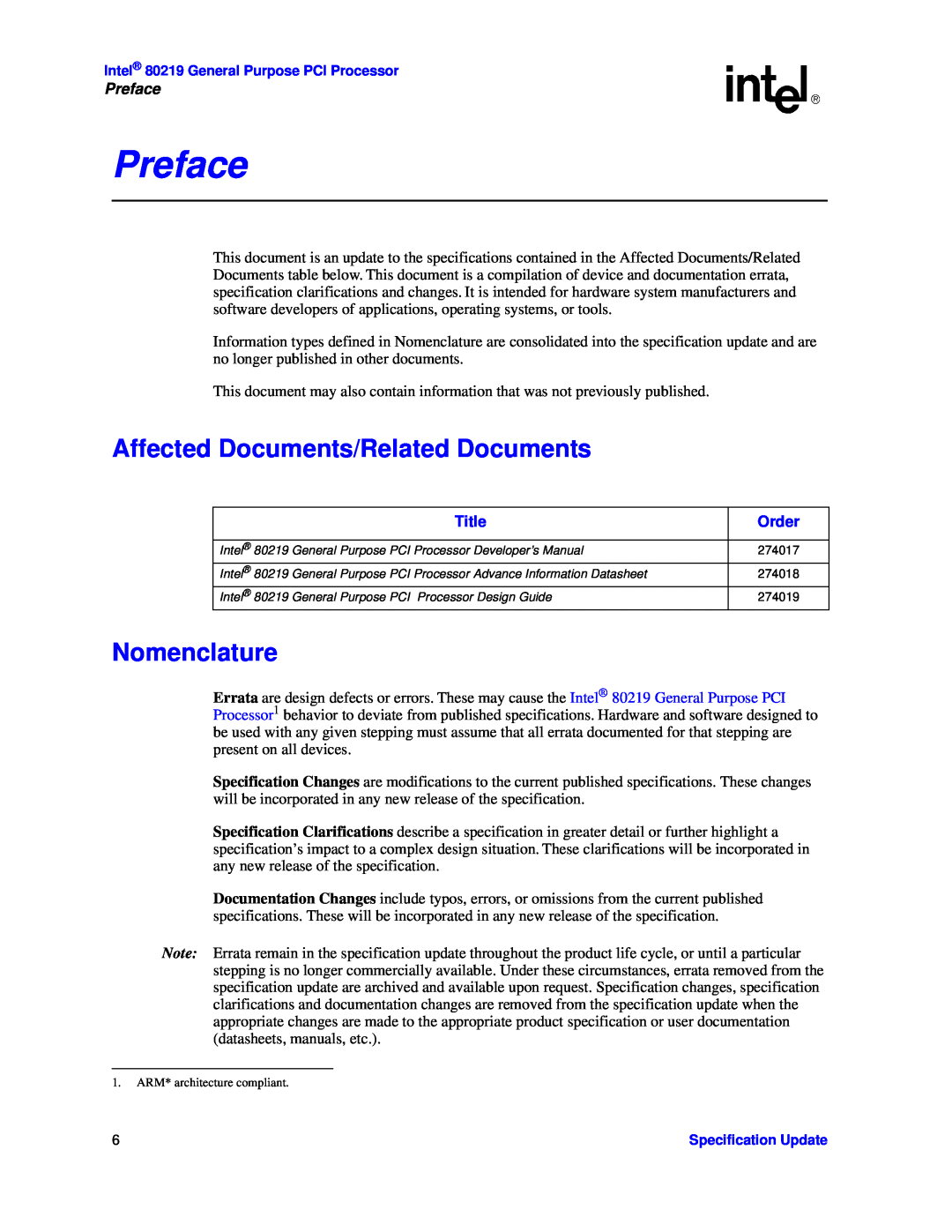 Intel 80219 specifications Preface, Affected Documents/Related Documents, Nomenclature, Title, Order 