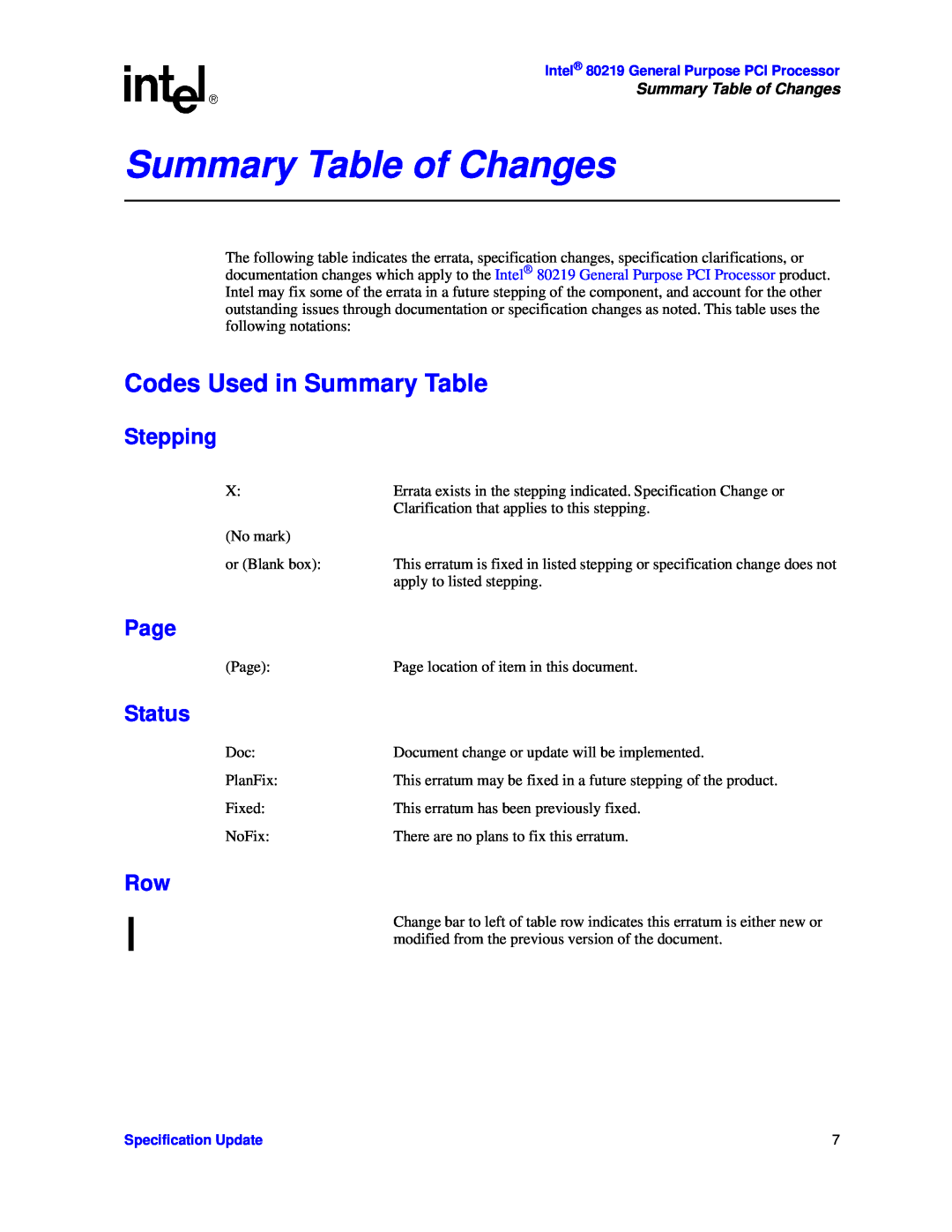 Intel 80219 specifications Summary Table of Changes, Codes Used in Summary Table, Stepping, Page, Status 