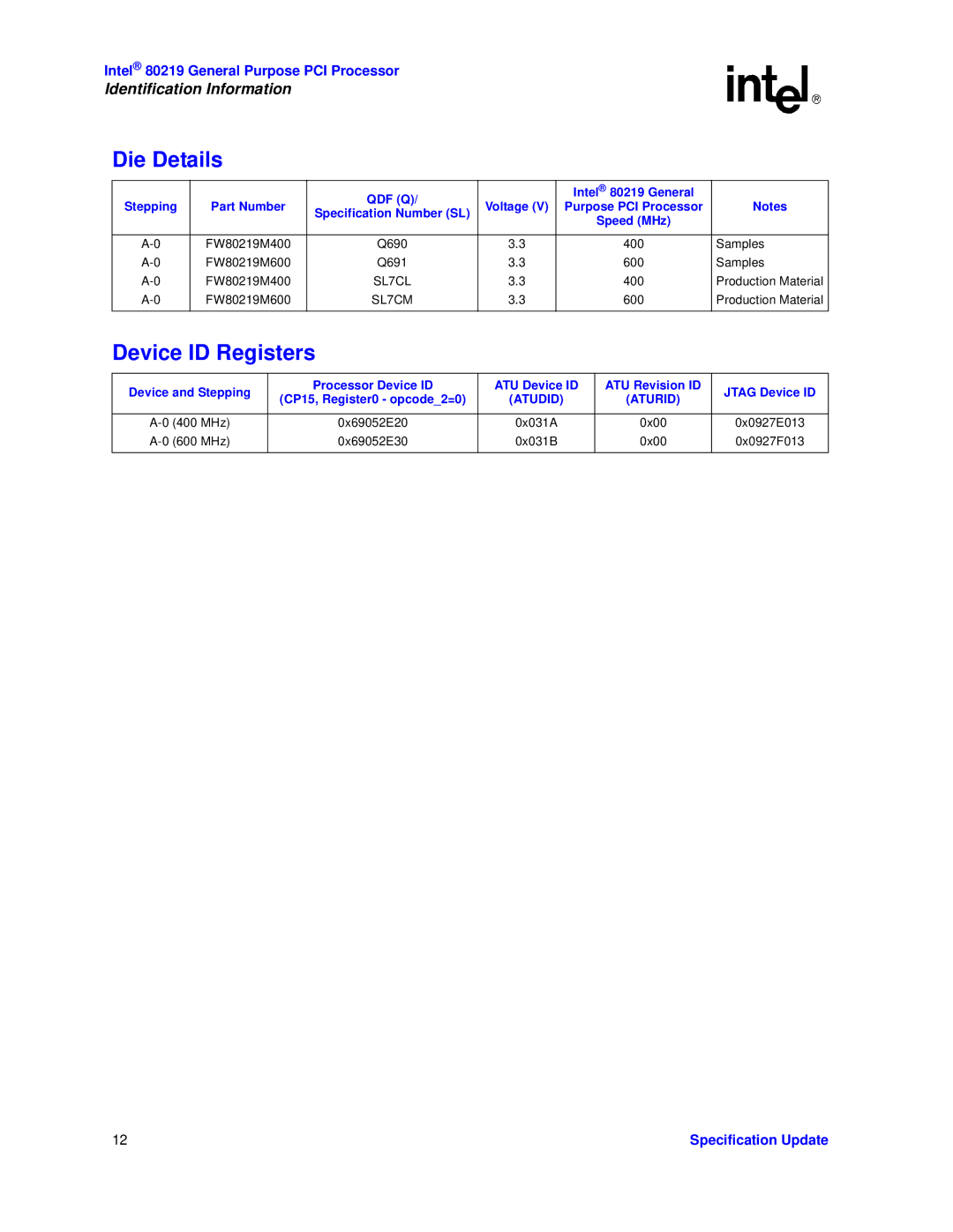 Intel 80219 specifications Die Details 