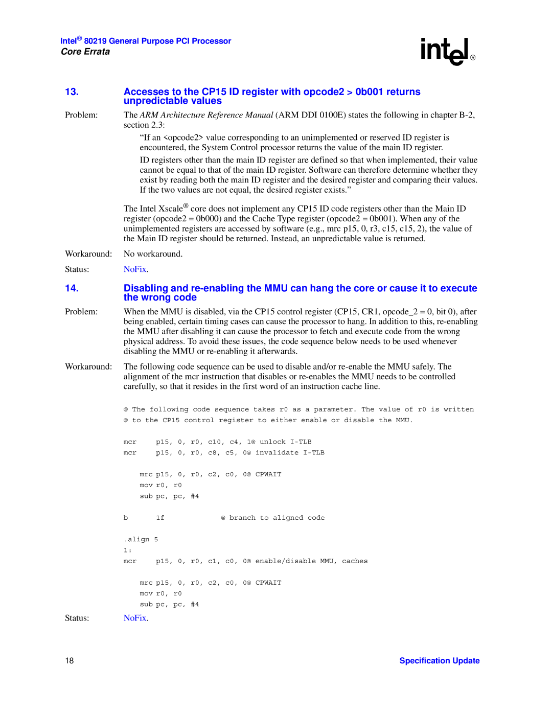 Intel 80219 specifications Disabling the MMU or re-enabling it afterwards 