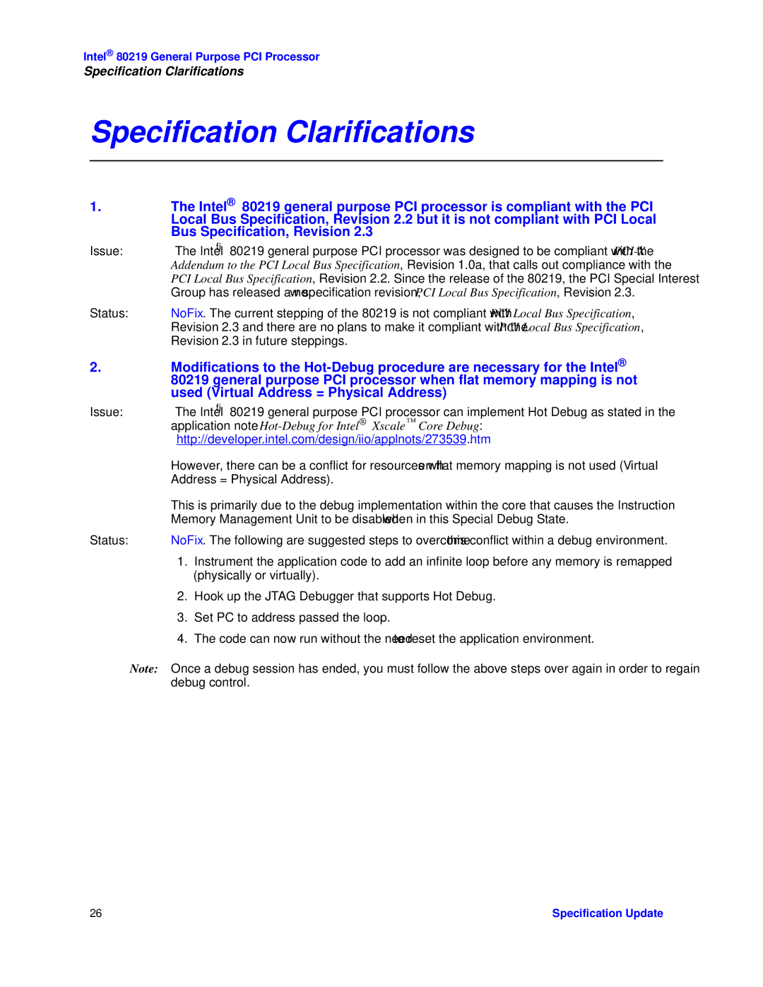 Intel 80219 specifications Specification Clarifications, Application note Hot-Debug for Intel Xscale Core Debug 