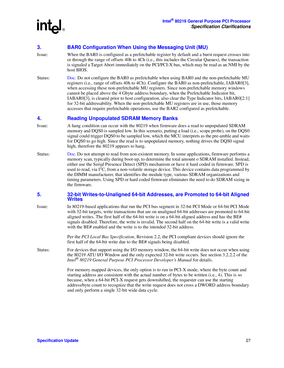 Intel 80219 specifications BAR0 Configuration When Using the Messaging Unit MU, Reading Unpopulated Sdram Memory Banks 