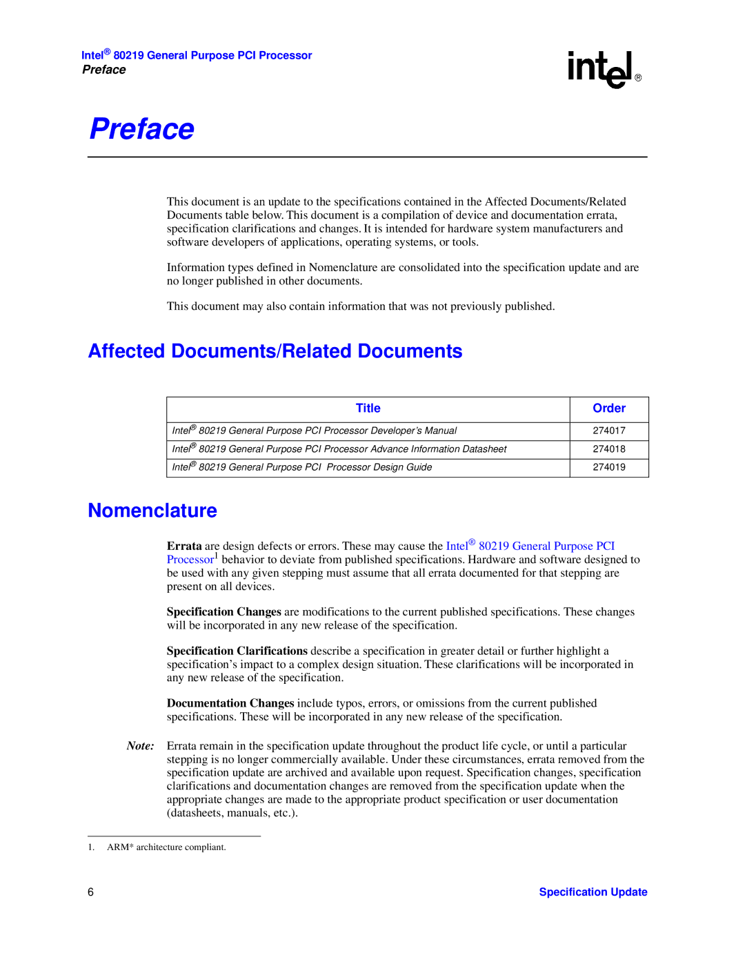 Intel 80219 specifications Preface, Affected Documents/Related Documents, Nomenclature 