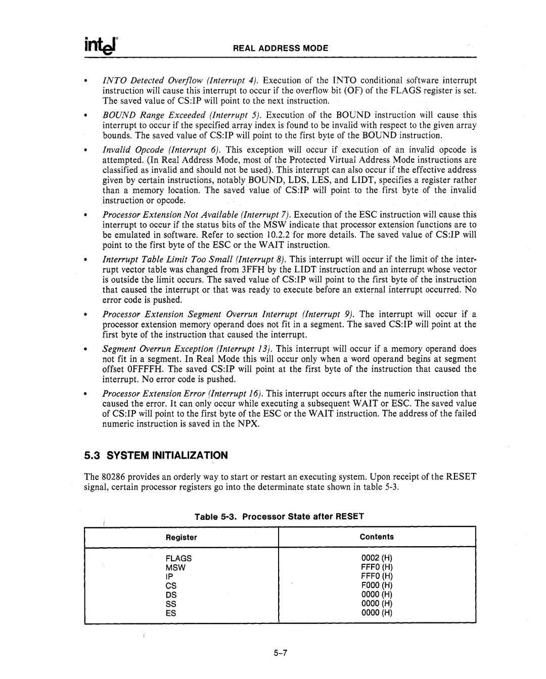 Intel 80286, 80287 manual System Initialization, Processor State after Reset, Flags, MSW Fffoh 